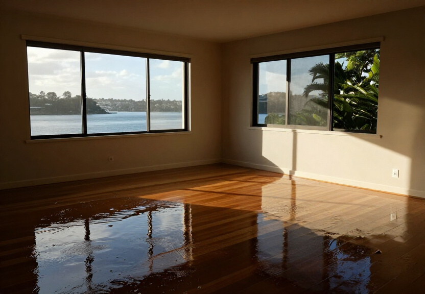 Flood-damaged living room in Meadowbank before restoration